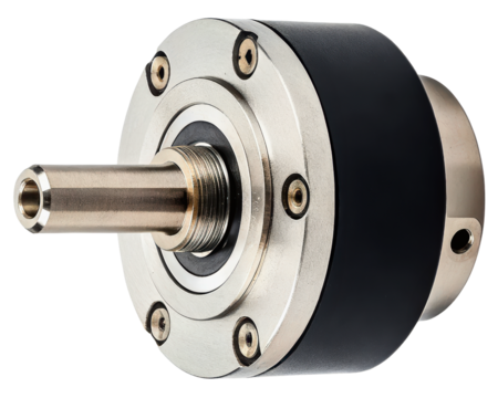 Precision industrial rotary shaft encoder for motion control on a transparent background