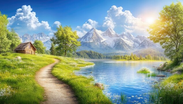 Scenic alpine lake landscape with a winding path.  A charming cabin sits beside a tranquil lake, framed by lush greenery and snow-capped mountains under a vibrant blue sky
