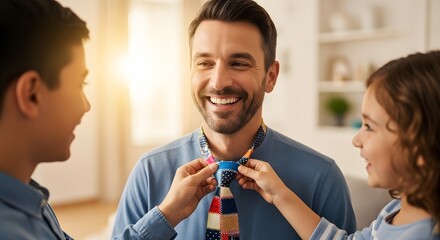 Father's day tie gift from kids: happy father and children tying tie together bonding family time father's day