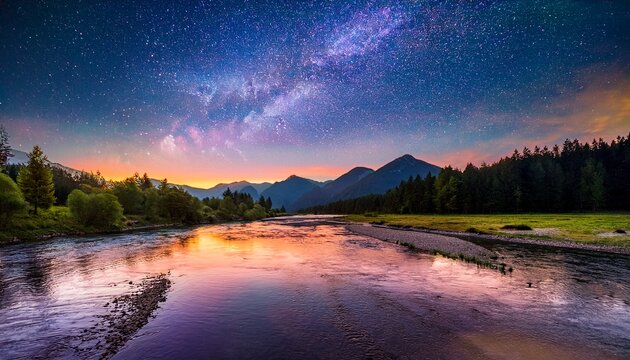 magical river sunset landscape with mountains forest and starry sky generative ai