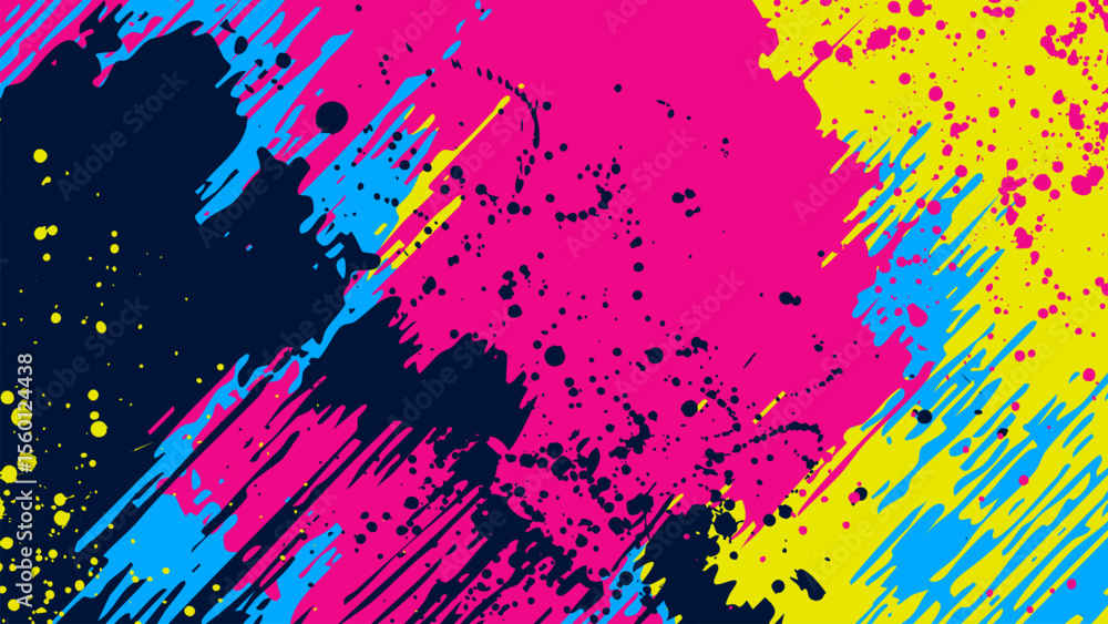 Poster grunge background with colorful contrasting diagonal brush strokes and scattered dots.