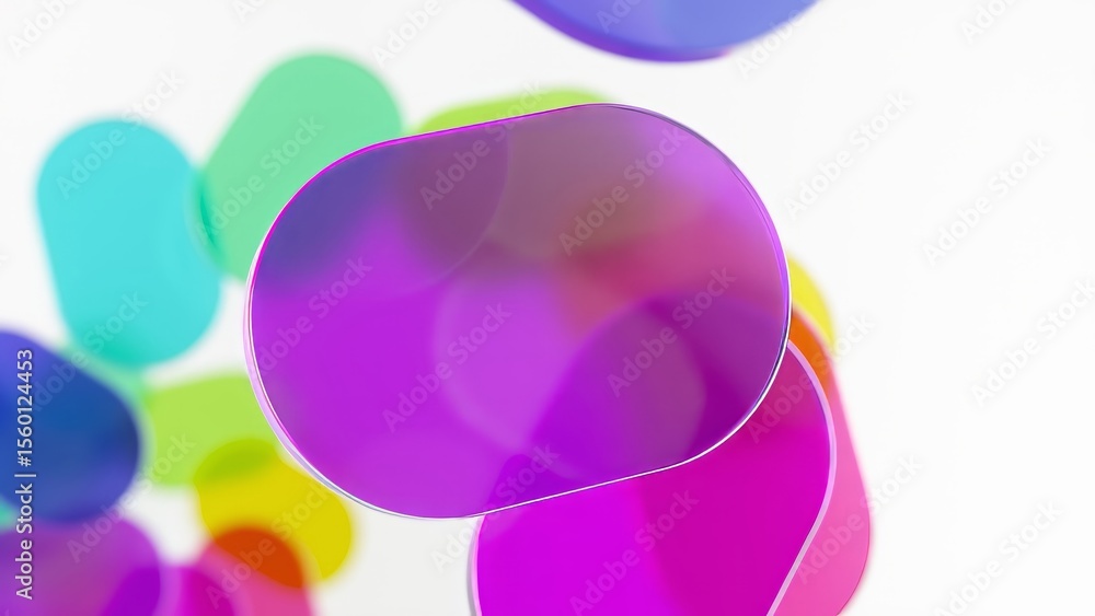 Poster vibrant rounded rectangle shapes rotating slowly against pristine white background, generating dynam