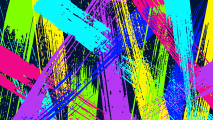 Grunge background with overlapping, contrasting, multi-colored brush strokes.