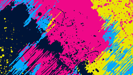Grunge background with colorful contrasting diagonal brush strokes and scattered dots.