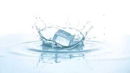 An ice cube makes a splash in a drink on a reflective surface, with a white background.
