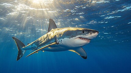 Fototapeta premium Great white shark in ocean depths. Sunlight beams through water