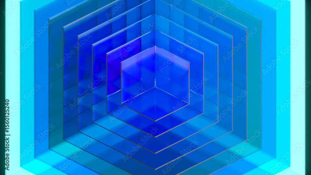 Poster transparent hexagonal glass structures rotating smoothly, unveiling luminous blue geometric core ele