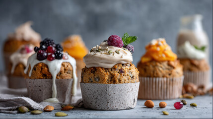 beautiful arrangement of glutenfree cupcakes and muffins on clean background