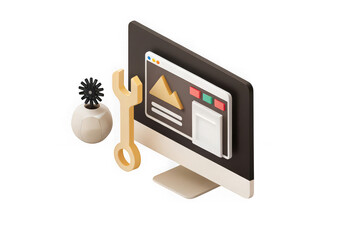 3d isometric illustration of computer screen with wrench and gear for web development and repair
