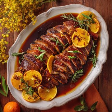 Traditional duck &agrave; l&rsquo;orange with reduced sauce and grilled orange slices