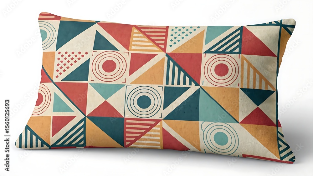 Poster rectangle pillow with a geometric pattern of triangles circles and squares on a white background - a