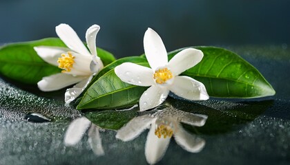 close up of neroli blossoms and leaves reflecting water droplets