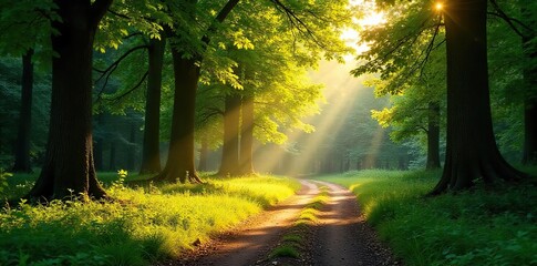 Obraz premium Golden Hour Serenity Sunlight Dappled Path in Lush Green Forest Park, Perfect for Relaxation and Escape