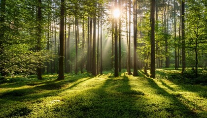 Obraz premium sunlight filters through a lush green forest casting shadows on the grass