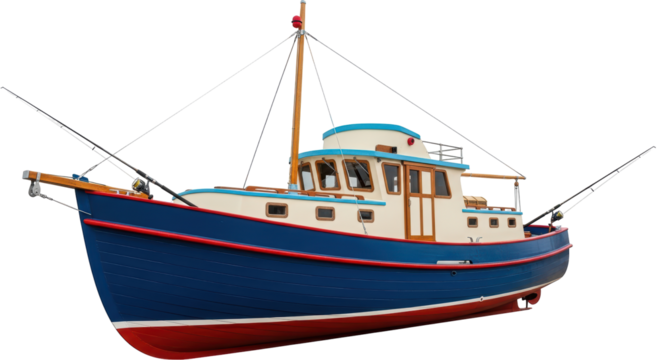 Isolated Fishing Boat with Fishing Rods