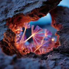 Delicate purple fan-shaped crystals growing inside cracked rock geode