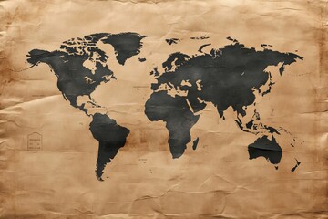 Antique World Map on Aged Paper with Vintage Style, Old Continents, and Grunge Effect Background