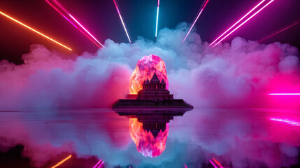 Temple sculpture glowing with energy surrounded by dynamic light rays and fog