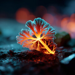 Fractal leaf glowing from the center in soft volcanic soil