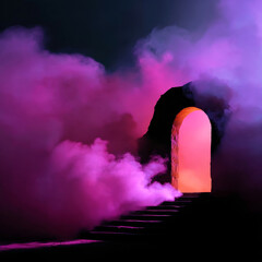Mysterious doorway glowing from ruins in thick pink smoke