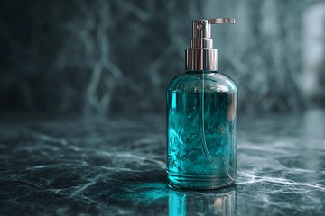 A teal pump bottle filled with clear liquid sits on a marble background. The cap and nozzle catch the light in interesting ways, making this ideal for beauty or lifestyle branding mockups 