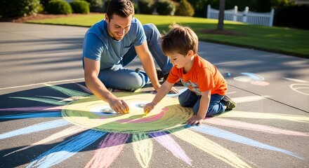Father and son drawing with sidewalk chalk on driveway creating art together in the sunshine day outside father's day