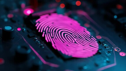 Pink fingerprint glowing on blue and red circuit board digital security, identity. Technology background for cyber security data protection concept. 4k video - Powered by Adobe