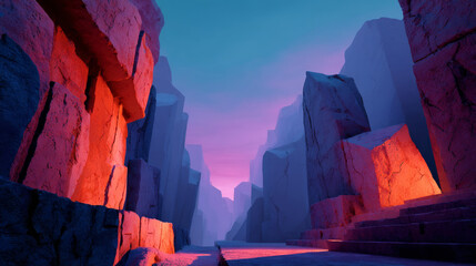 Otherworldly canyon landscape with glowing carved stone walls at dusk and a mysterious mist.