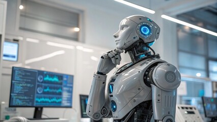 Contemplative Humanoid Robot in a Modern Research Lab Pondering the Future of Artificial Intelligence