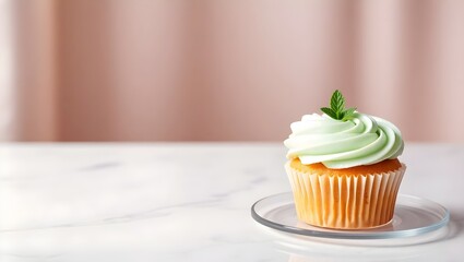 High-detail cupcake with mint icing on transparent plate and blurred cream bokeh for text placement
