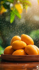 Mangoes in the rain on a wooden plate