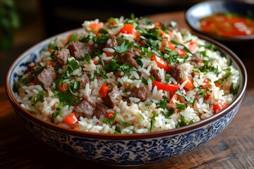 Delicious Beef and Rice Bowl with Fresh Herbs and Vegetables for a Flavorful Meal