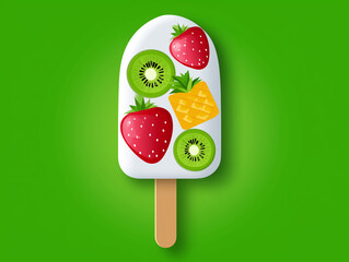 Colorful Popsicle Featuring Fresh Fruits on a Bright Green Background for Refreshing Summer Enjoyment