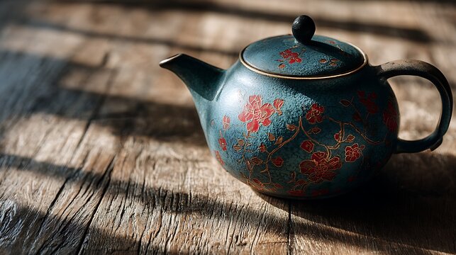 A teapot in deep teal with a delicate red floral pattern sits on a rustic wooden table. The setting sun casts elongated shadows, enhancing the warmth and texture of the wood and the pot's finish 
