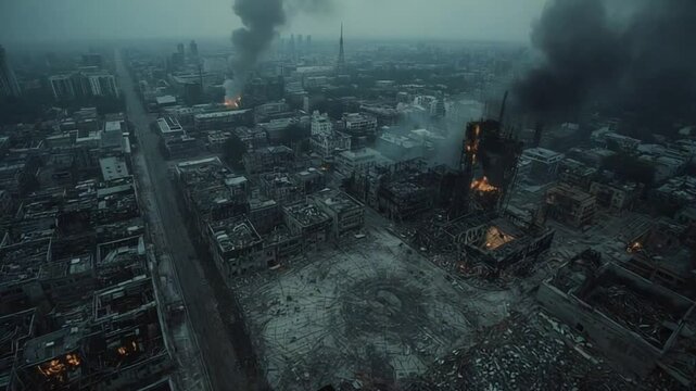 War-Torn Urban Area with Smoke and Fire
