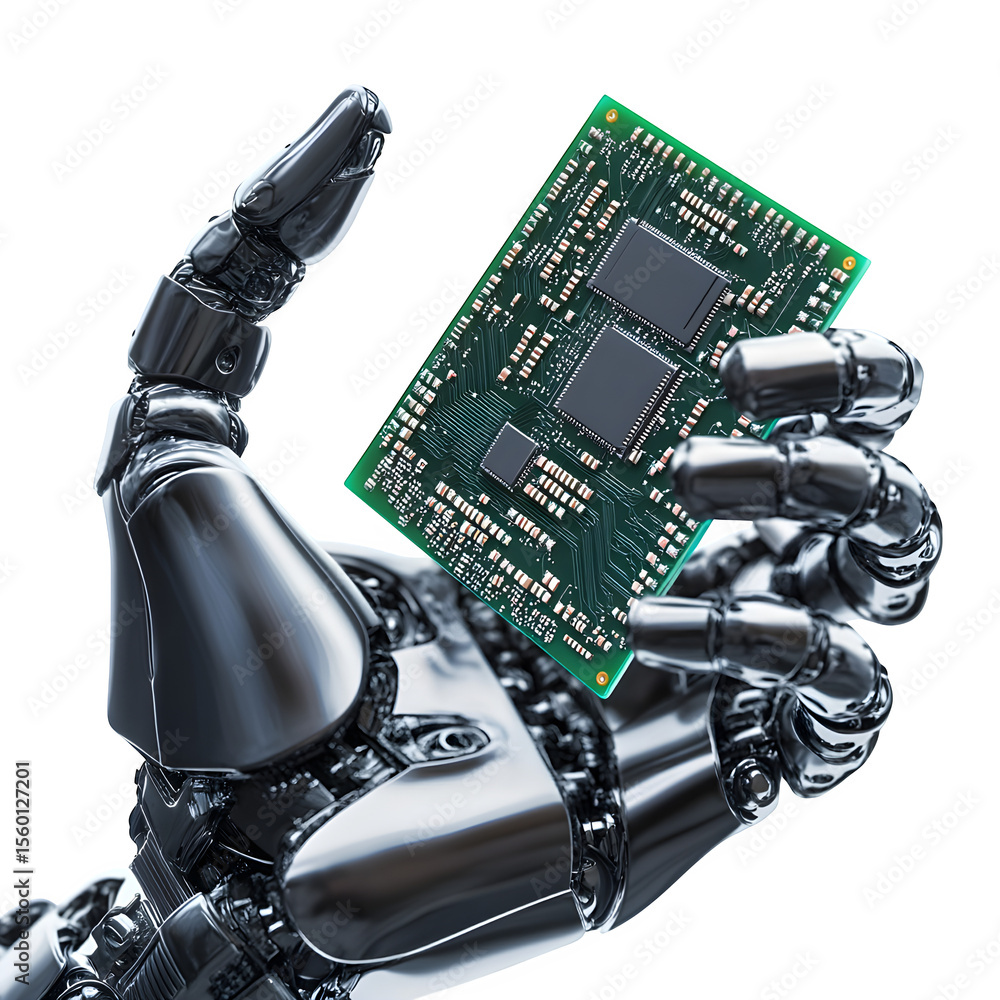 Poster premium 3d render presenting a close-up of android fingers holding a digital logic chip. front view 