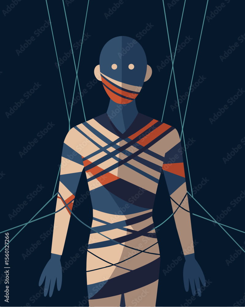 Poster a person with a puppets strings woven into their skin a symbol of their helplessness and captivity..