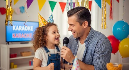 Family karaoke night at home with father and daughter singing together for fun and entertainment time 100 father's day