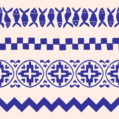 Sea side seamless border set. Cute hand-drawn vector sardines, checkers, tiles, chevron. Grungy geometric ornaments with retro beach vibes. Perfect for postcards, posters, prints, and decoration.