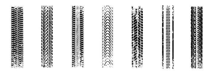 Traces of car, motorcycle tread. Curved realistic traces of tires of wheels from different types of tread vector png. Car wheels on disks.   © Iryna