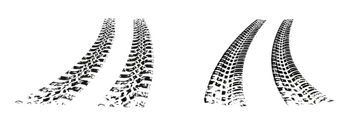 Traces of car, motorcycle tread. Curved realistic traces of tires of wheels from different types of tread vector png. Car wheels on disks.	
