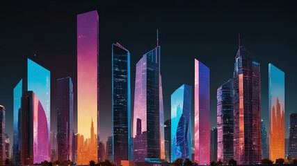 A vibrant city skyline with holographic billboards and futuristic architecture 