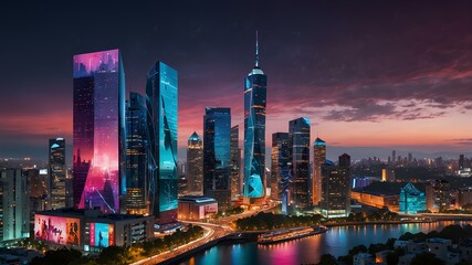 Fototapeta premium A vibrant city skyline with holographic billboards and futuristic architecture 