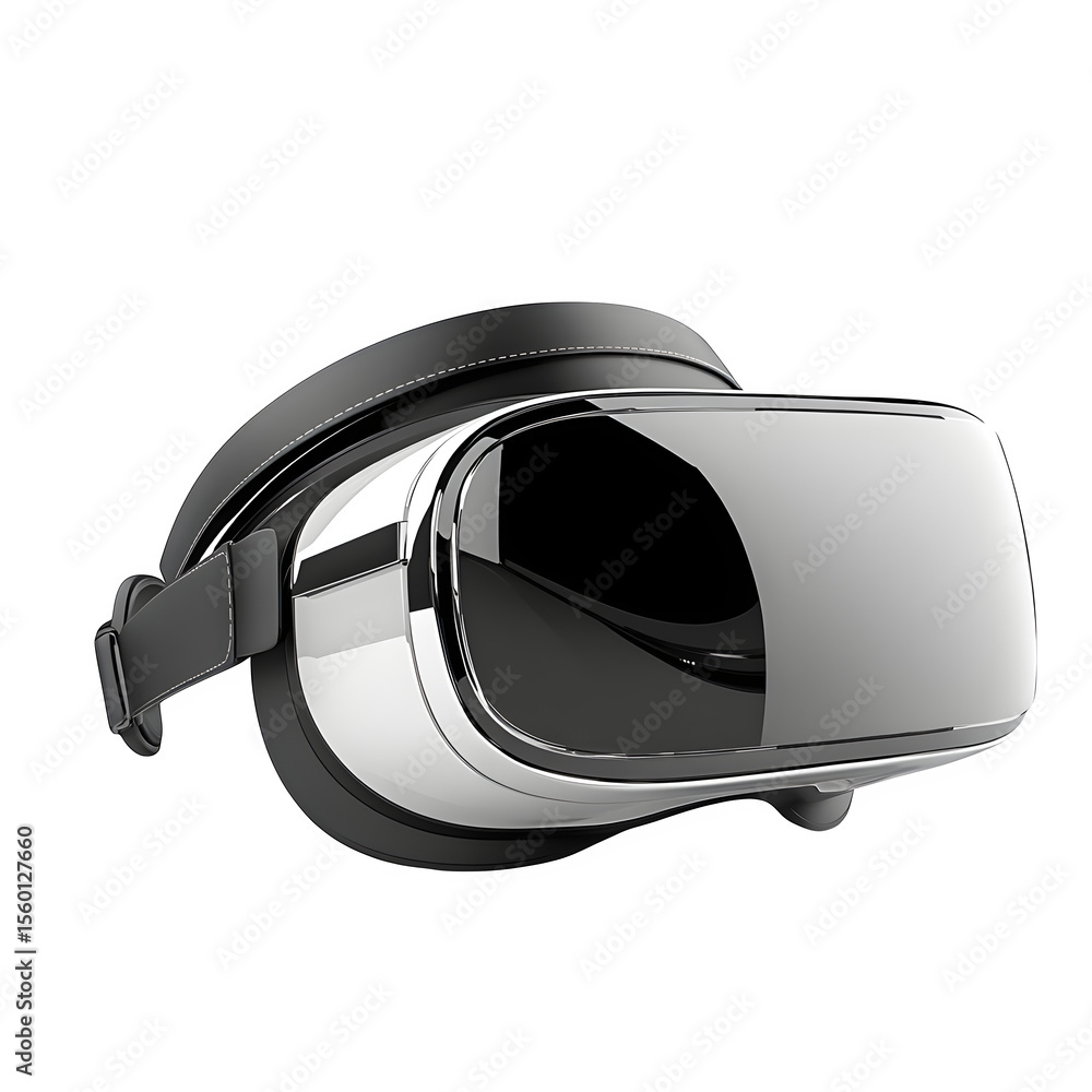 Poster high quality 3d visualization depicting a cleanly designed virtual reality headset with chrome highl