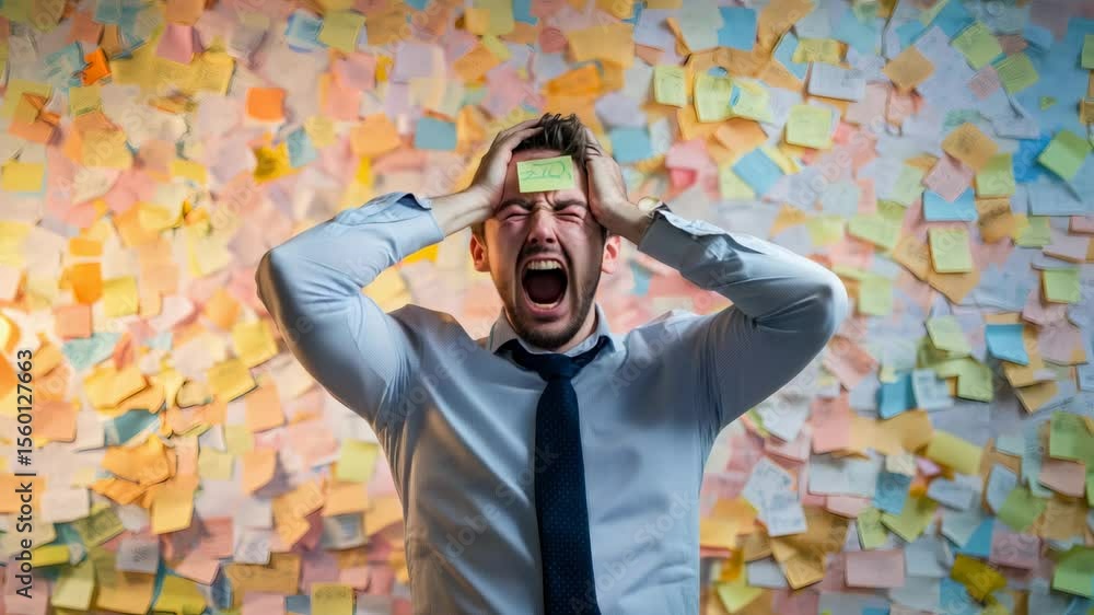 Poster Stressed businessman screaming with sticky notes on his forehead and a wall full of colorful sticky notes, representing a busy and overwhelming workload