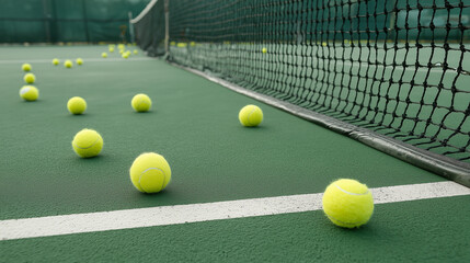 multiple yellow tennis balls scattered on a green tennis court near net with white boundary lines under natural light during daytime