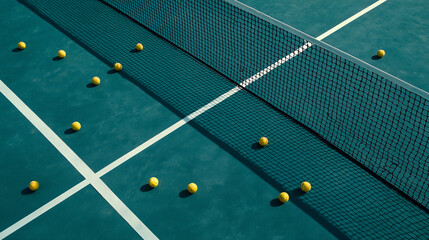 Tennis balls scattered on blue tennis court with net casting shadows under bright sunlight, showing vibrant contrast and geometric lines.