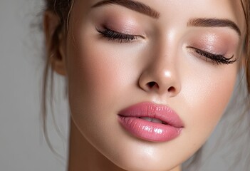 A close-up portrait of an attractive woman with closed eyes and natural makeup, showcasing her flawless skin against a gray background