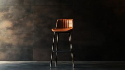 Contemporary bar stool with brown leather seat and metal frame on a dark background