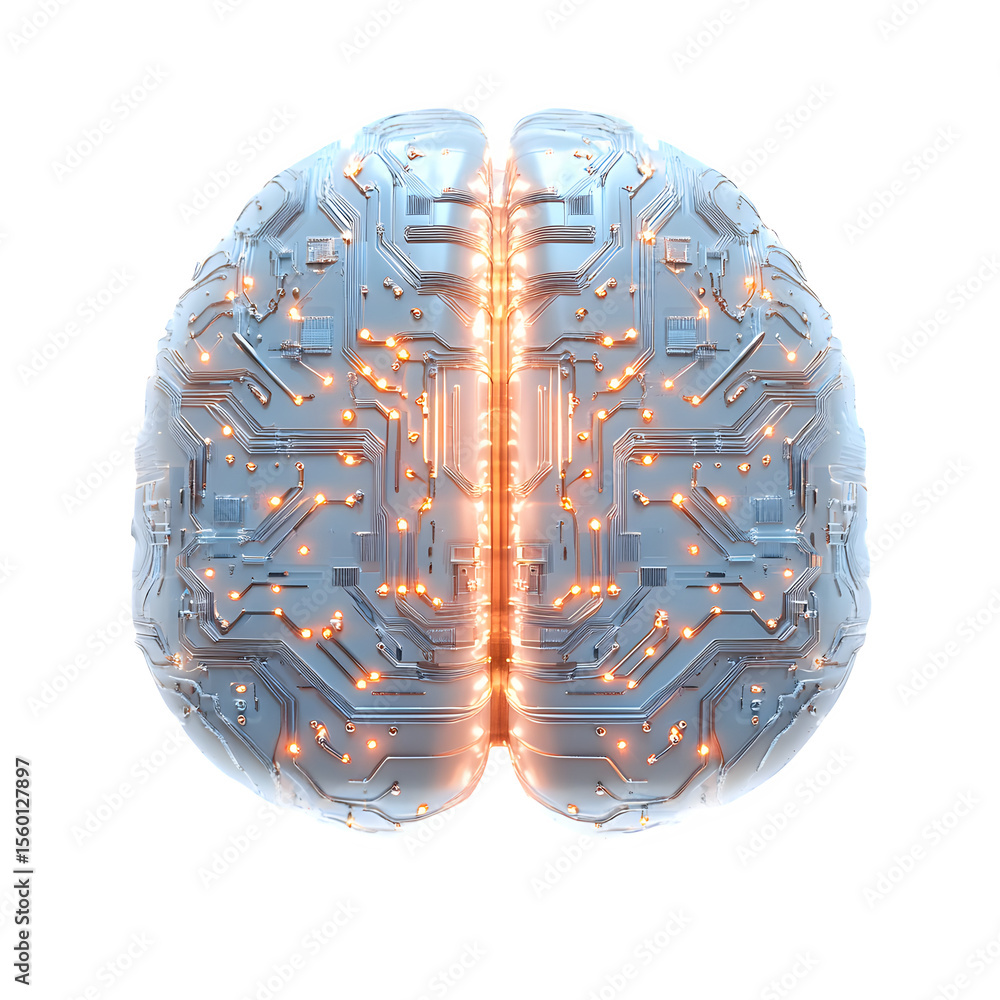 Poster detailed 3d render featuring a clean top-down view of a brain-inspired microchip glowing with futuri